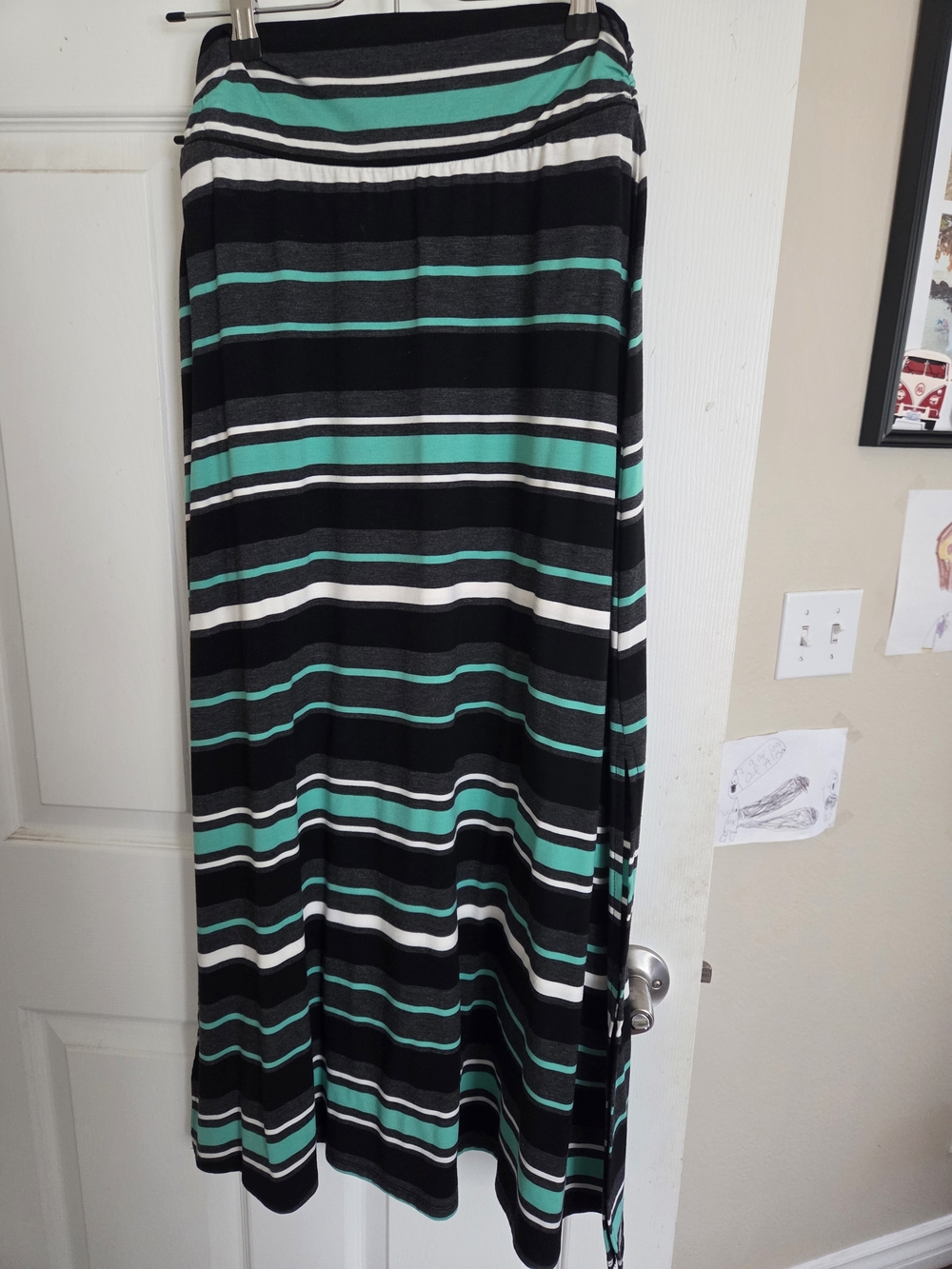 Merona Black, Teal/Green and White Striped Maxi Skirt
